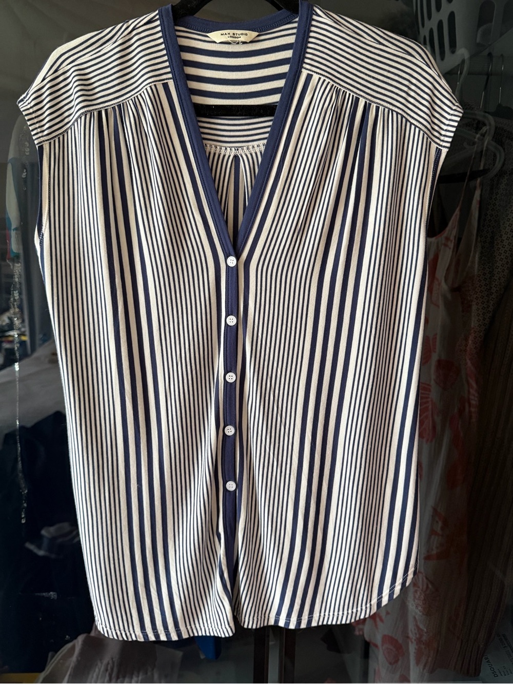 Max Studio Navy and White Striped V-Neck Button Front Top